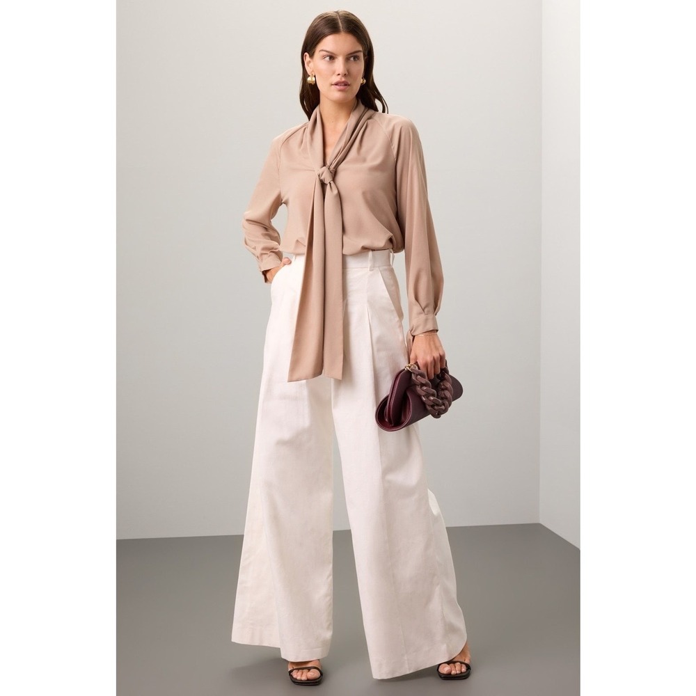 Obando Collective Beige Tie Blouse Sz M 6 Quiet Luxury Corporate Core Minimalist